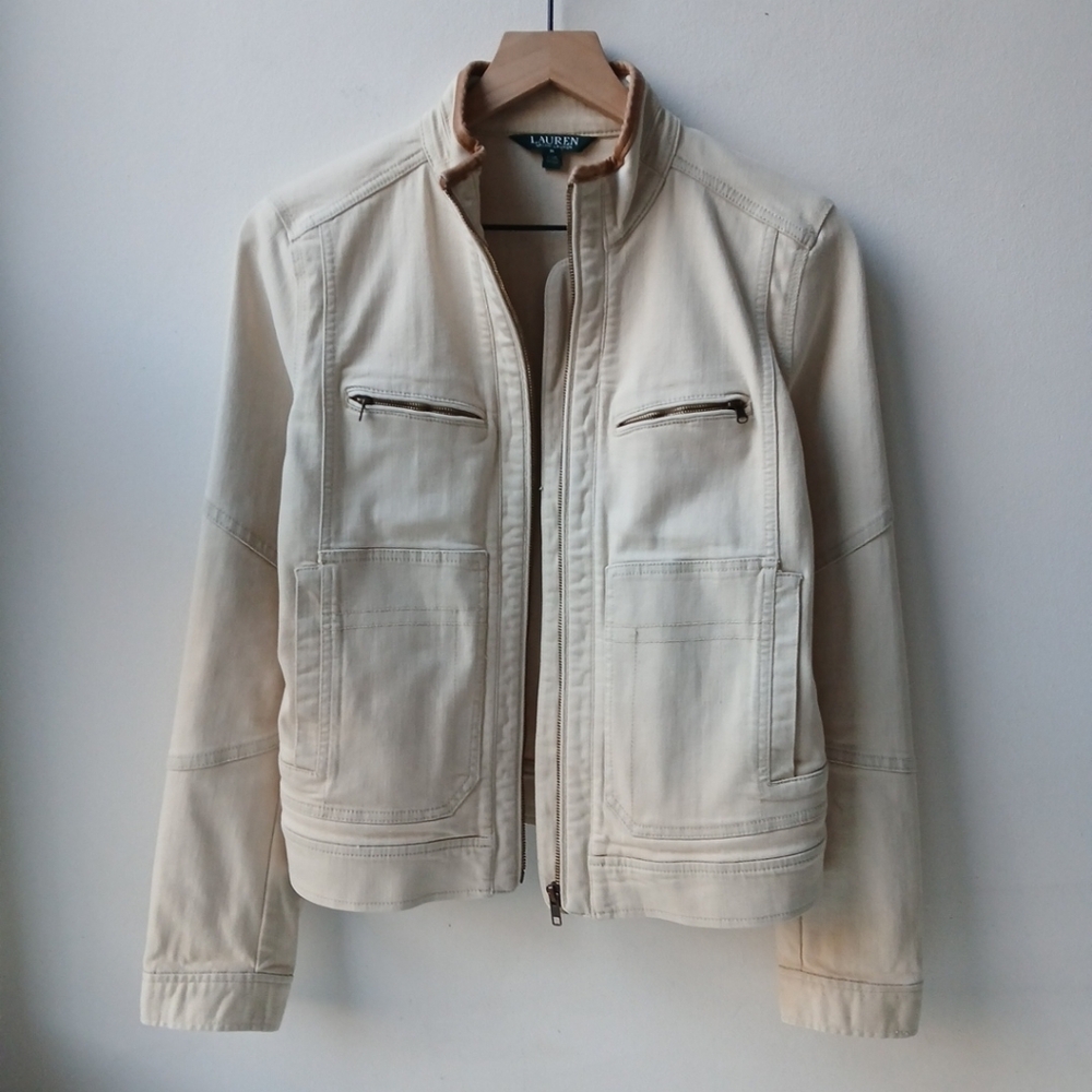 Lauren Ralph Lauren Canvas Moto Jacket Tan Leather Trim Medium - Picture 7 of 7